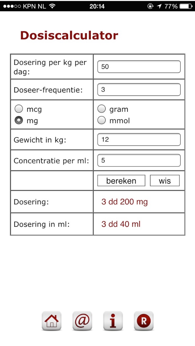 screenshot dosiscalculator voor kinderartsen